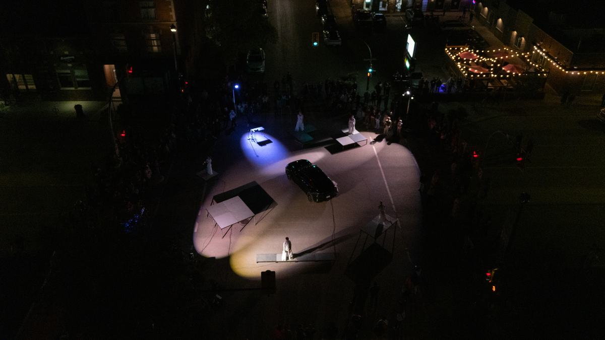 You are here. from above: the car and the raised platforms in the closed intersection