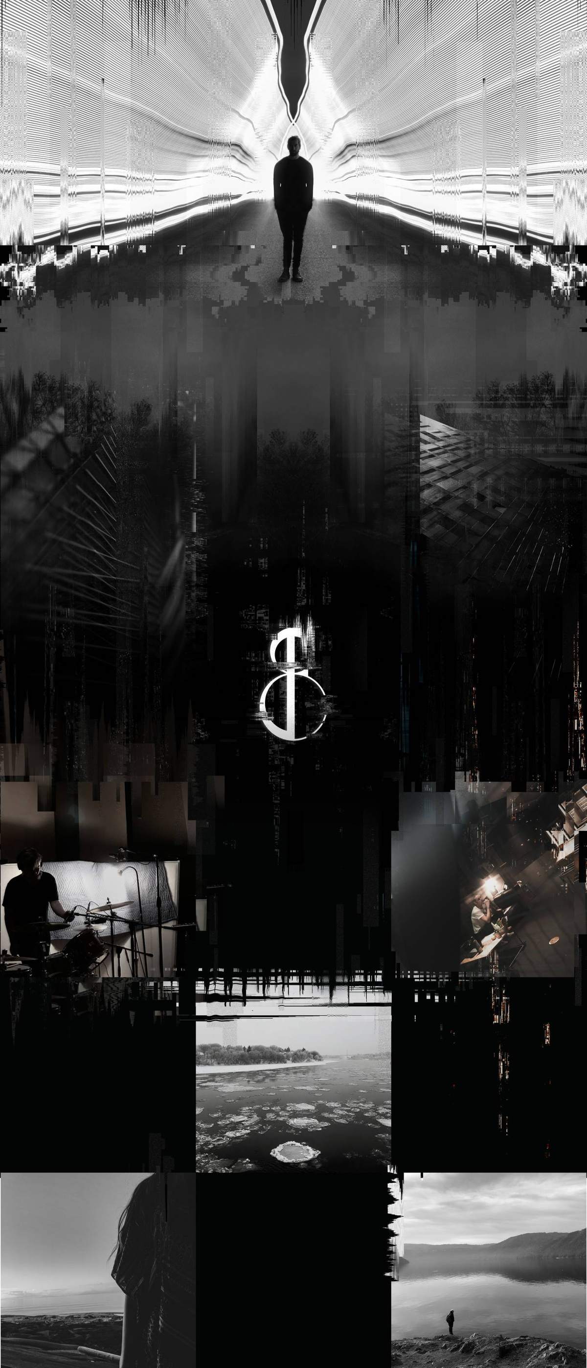 The grid after the deletion &mdash; one continuous monochrome composition, images bleeding across the cells, the Factor Eight monogram at its centre